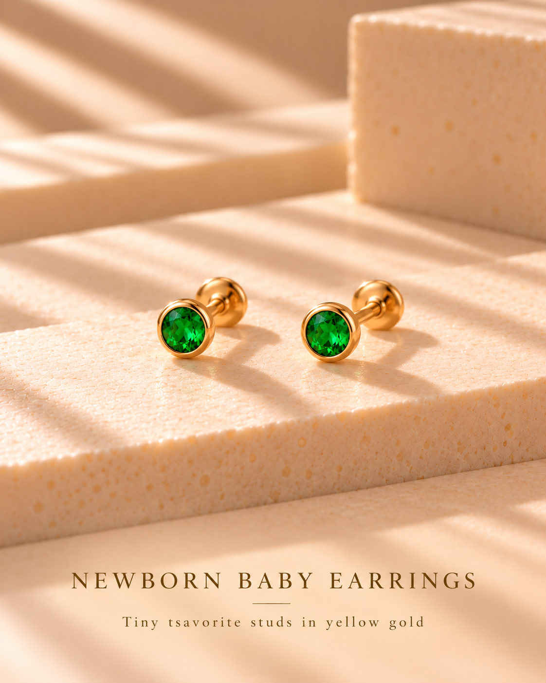 Kijani Ya Toto — Baby's First Green: tiny natural green tsavorite studs in yellow gold.