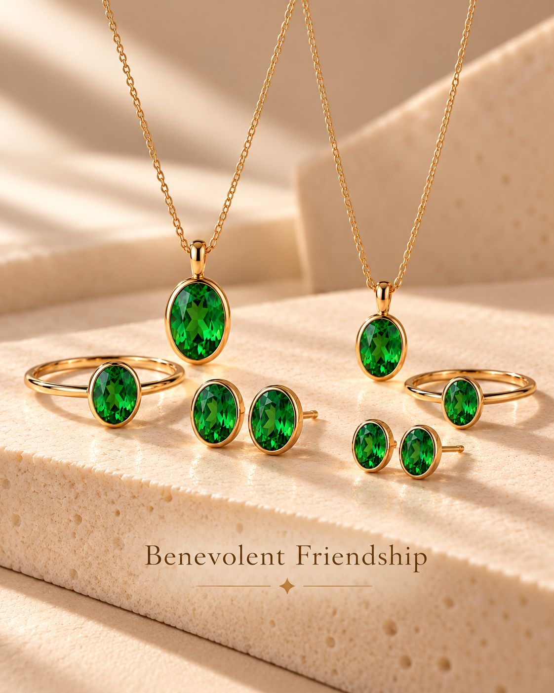 Rafiki — Benevolent Friendship: two complete natural tsavorite and yellow gold suites with distinct proportions.