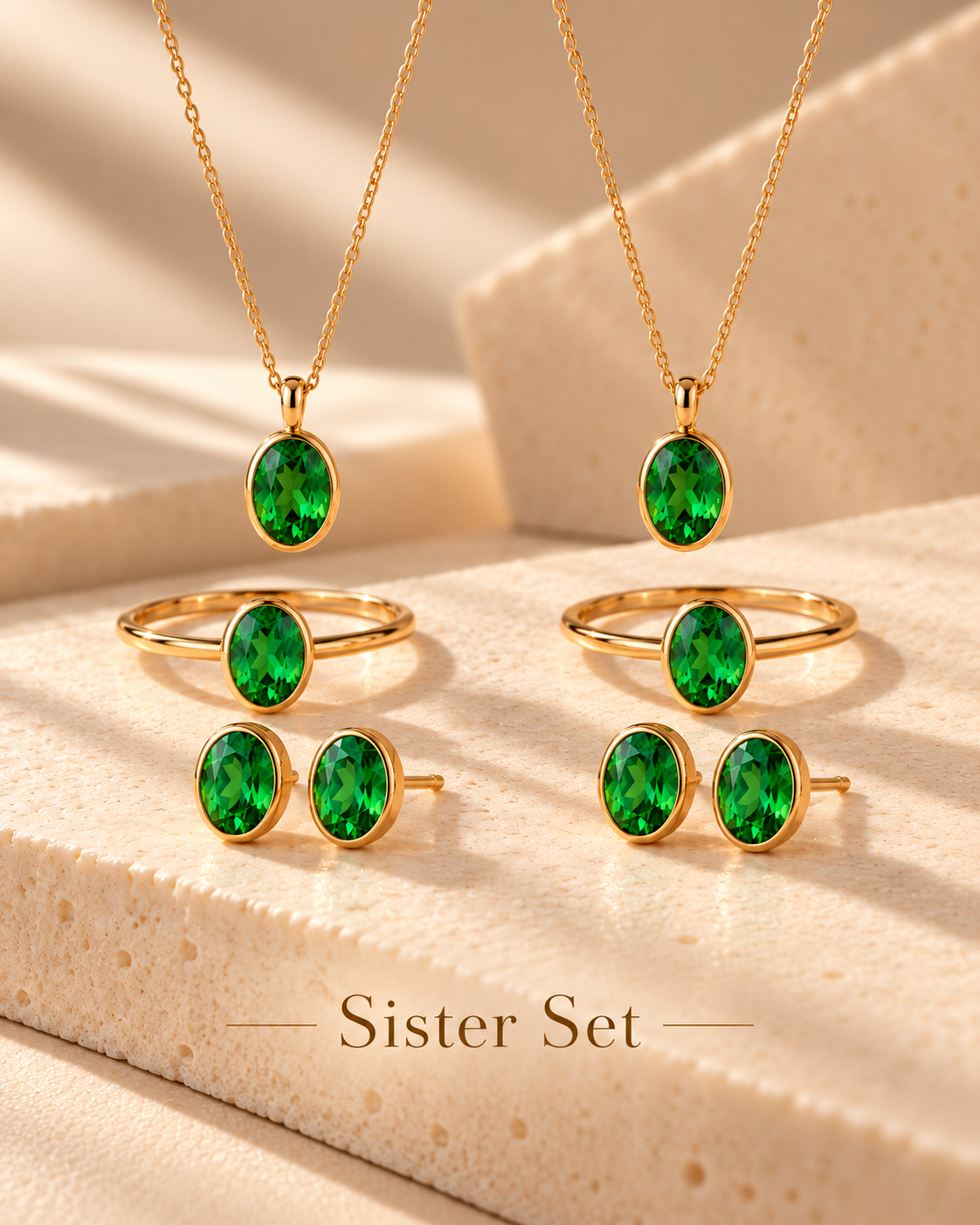 Dada — Sisters: two equal natural tsavorite and yellow gold suites.