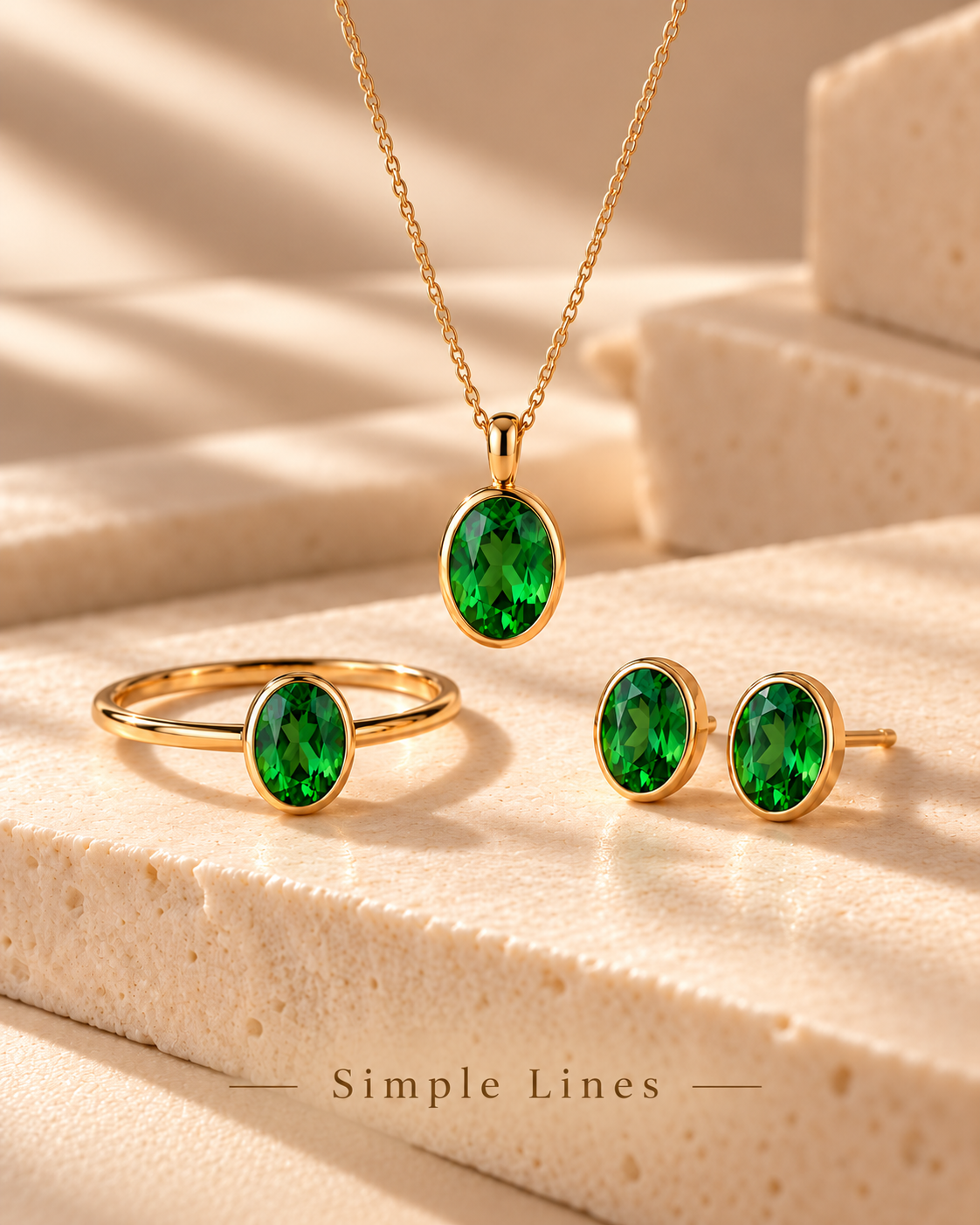 Mistari — Simple Lines: pendant, ring and earrings in natural green tsavorite and yellow gold.