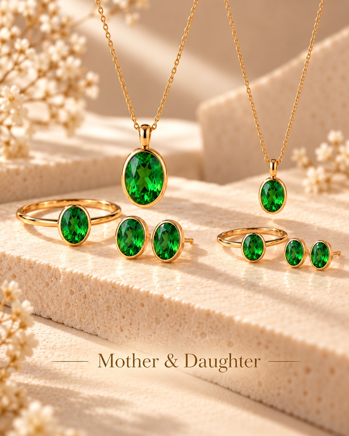Mama Na Binti — Mother and Daughter: two graduated natural tsavorite and yellow gold suites.