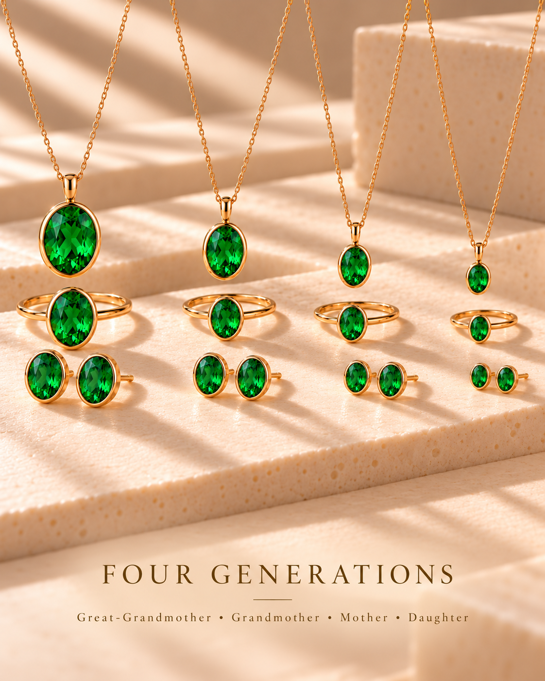 Urithi IV — Four Generations: graduated natural tsavorite and yellow gold suites for great-grandmother, grandmother, mother and daughter.