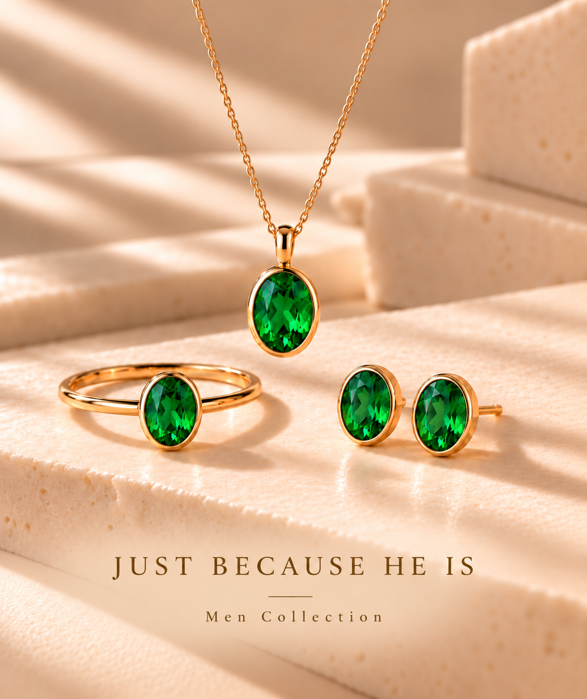 Yeye Tu — Just Because He Is: natural green tsavorite pendant, ring and earrings in yellow gold.