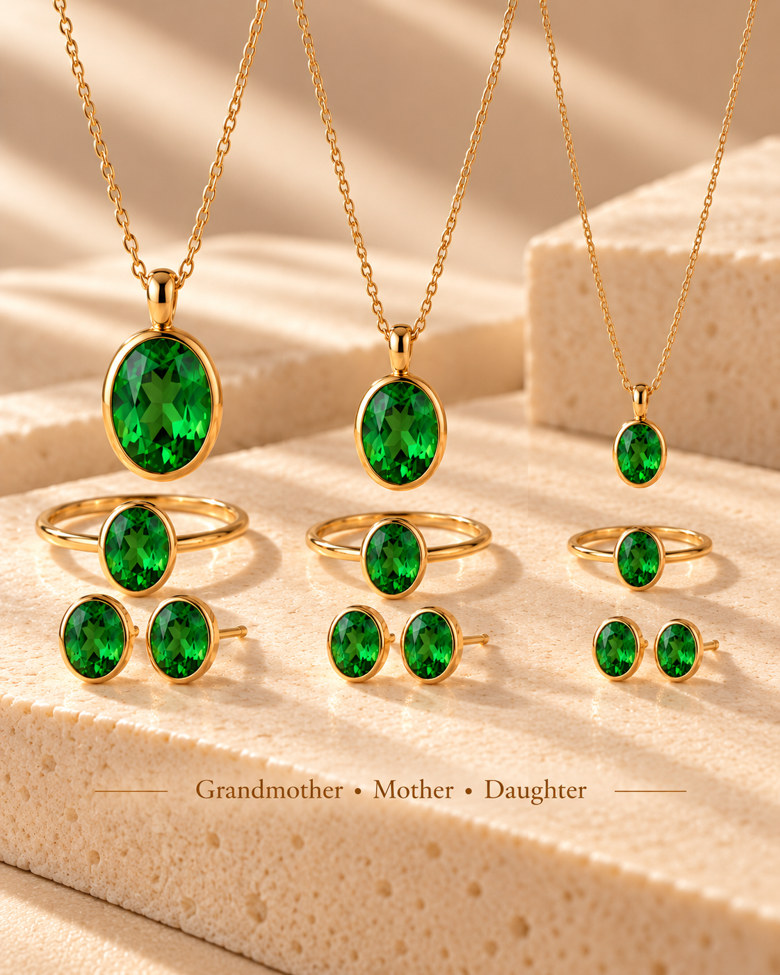 Urithi III — Three Generations: graduated grandmother, mother and daughter natural tsavorite and yellow gold suites.